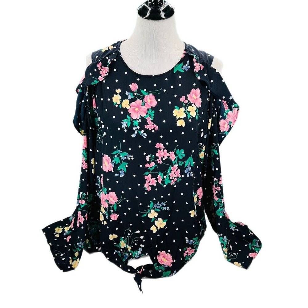 Boutique Blouse Womens Large Navy Floral Top Cold Shoulder Tie Front Polka Dot